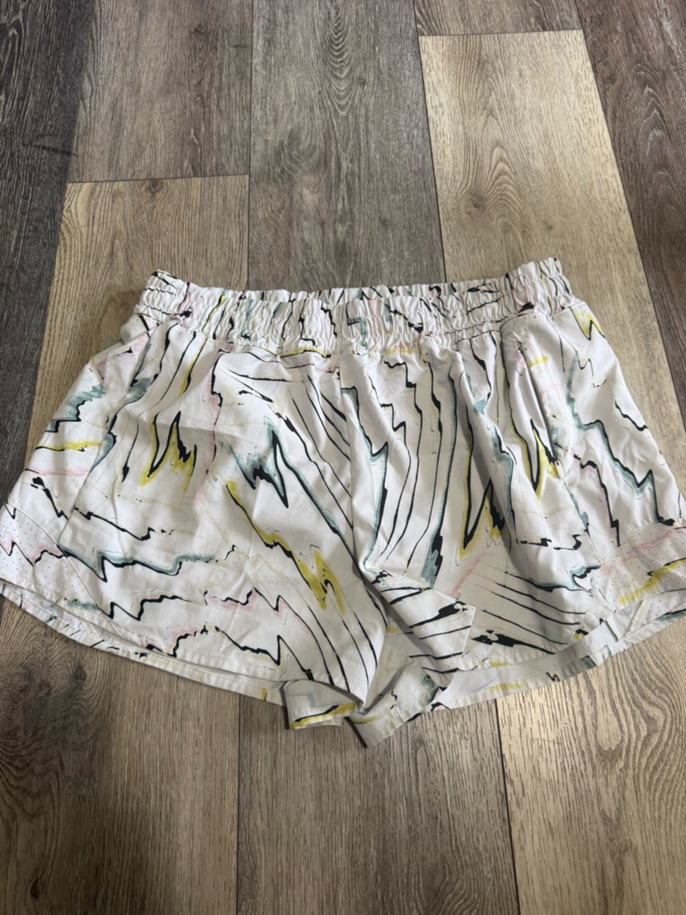 Alia White Marble-Print Elastic Waist Shorts with Pastel Accents